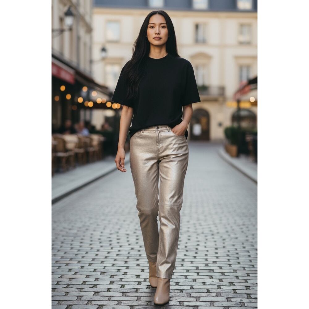 Adrianne Vittadini Gold Leather Pants High Rise Straight Leg Party Women’s 6